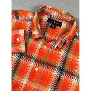 Ralph Lauren Plaid Button Down Shirt Orange Green Cotton White XL Preppy casual